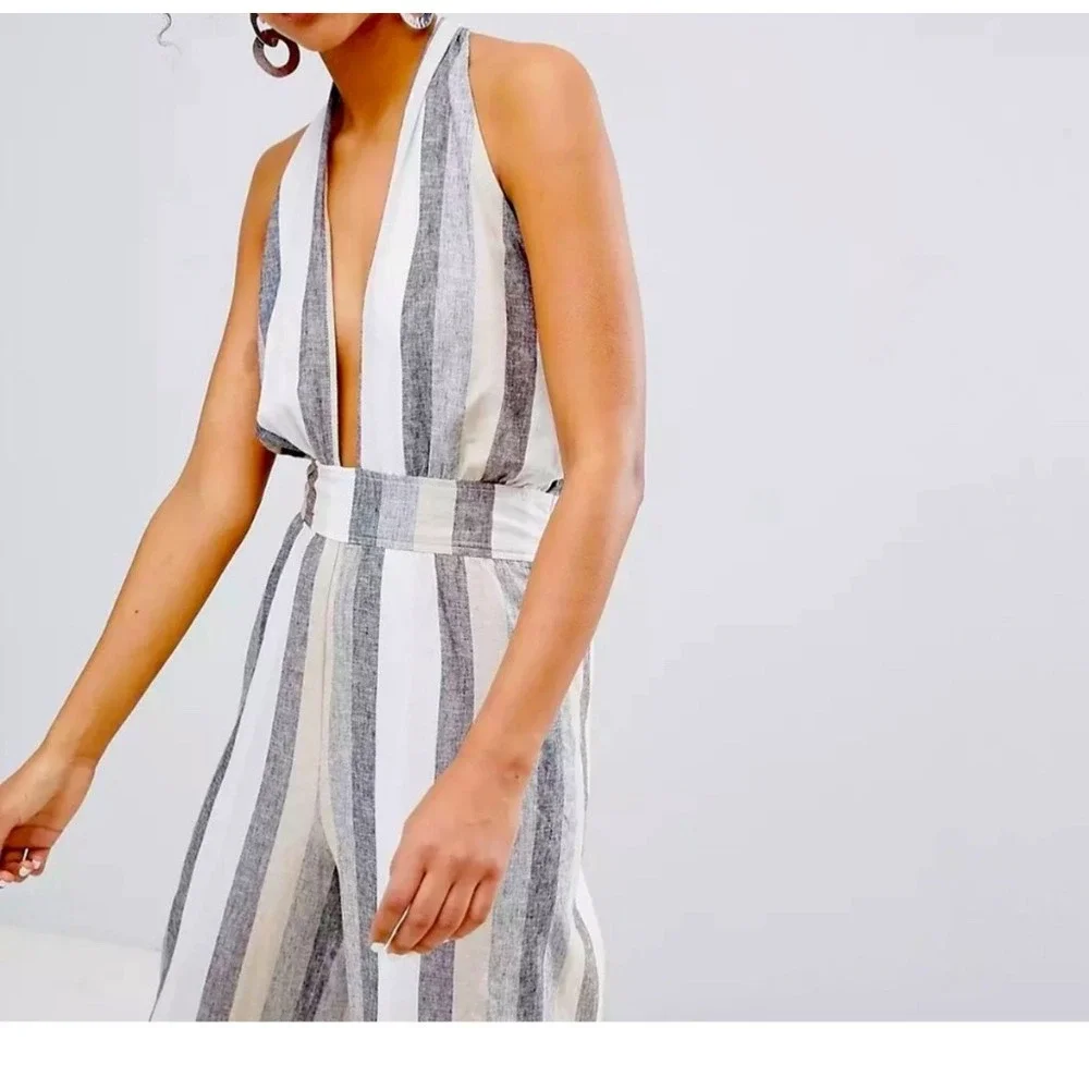 Current Air Striped Halter Neck Wide Leg Jumpsuit Women's Small Tan‎ Brown White - Picture 2 of 12